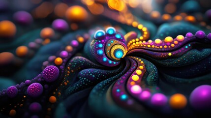 Obraz premium Vibrant Purple Octopus in a Colorful Underwater Scene with Bubbly Spheres and Diverse Marine Life