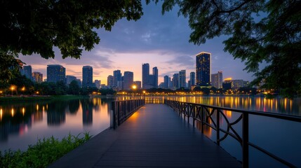 Tranquil Nighttime Scene: Calm Water and City Reflections on a Dock.