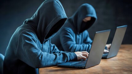 Collaborative Digital Work Session, Hooded Individuals at a Modern Laptop Setup