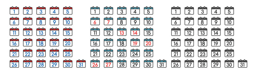 Calendar icons every day. Every day of a year calendar icons. Collection of calendar symbols. Vector icon