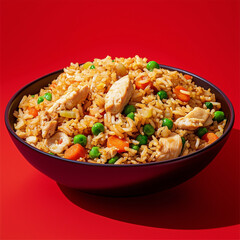 Chicken Fried Rice with Vegetables on Red Background