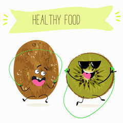 Kiwi character, tropical exotic fruit, vector isolated food icon, funny character. Hand drawn vector.