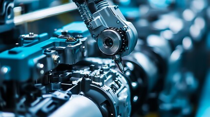 Fototapeta premium Robotic Arm Assembling Engine Components in Factory