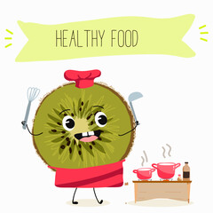 Kiwi character, tropical exotic fruit, vector isolated food icon, funny character. Hand drawn vector.