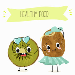 Kiwi character, tropical exotic fruit, vector isolated food icon, funny character. Hand drawn vector.