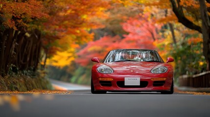 Autumn Road Drive: Red Sports Car amidst Vibrant Foliage
