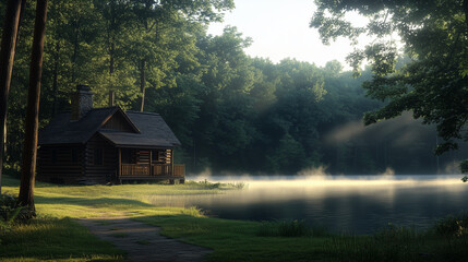 Fototapeta premium Lakeside Cabin in a Misty Forest on a Quiet Morning
