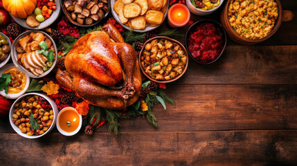 An overhead view of a beautifully prepared American Thanksgiving dinner spread, with a golden-brown turkey as the centerpiece surrounded by seasonal foods
