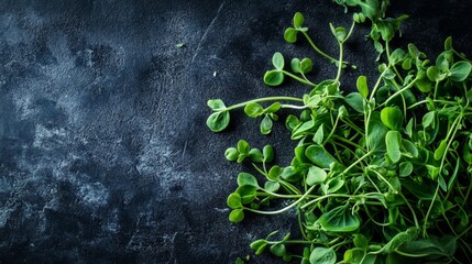 Fresh pea sprouts with pods, seen from above, against a dark background.