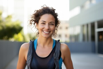 Portrait of a happy woman in her 30s wearing a lightweight running vest in modern university campus background