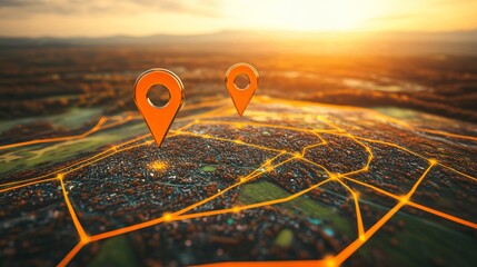 Aerial Map with Location Pins and Golden Hour Lighting. AI generated illustration