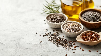 Assorted Seeds and Oil on a Rustic Background