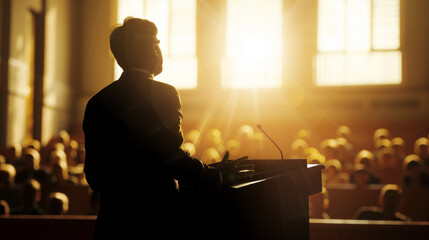 Passionate speaker delivering a powerful speech at the podium to a large audience, with dramatic lighting emphasizing the intensity of political discourse and public engagement.