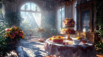 Sunlit Interior of a Grand Mansion with Ornate Decor and Floral Arrangements