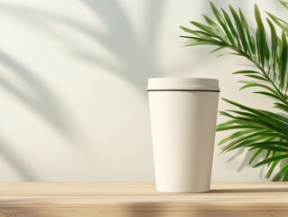 Editorial tumbler mockup on a patio table with warm sun casting intricate shadows