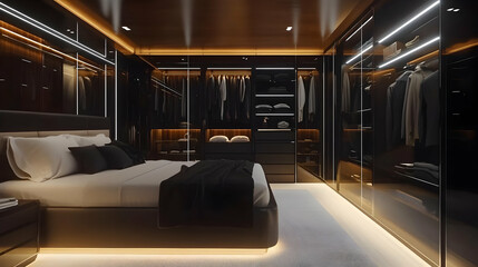 Modern Bedroom Interior Design with Walk-in Closet and Warm Lighting 3D Illustration