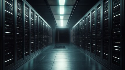 Large Server in Open Server Room Surrounded by Modern Data Drives. AI generated illustration