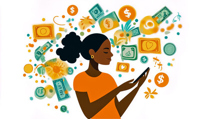 Illustration of a person interacting with a mobile phone, using social media.