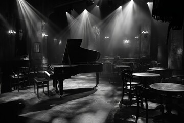 Grand piano illuminating empty jazz club in black and white