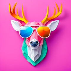 illustration of deer animal mascot head with sunglasses on the abstract background.	