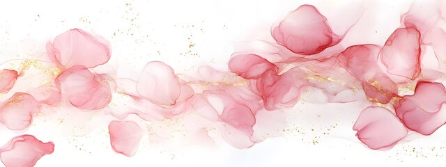 A soft, pink alcohol ink painting with rose petals flowing in the wind, creating an ethereal and dreamy atmosphere