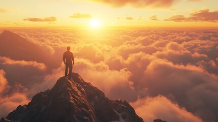 Man Standing on Mountain Top at Sunrise, Feeling Success. AI generated illustration