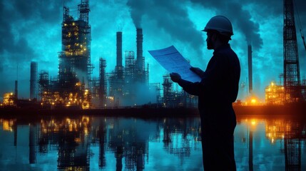 Fototapeta premium Industrial Worker Examining Plans Before Night Shift