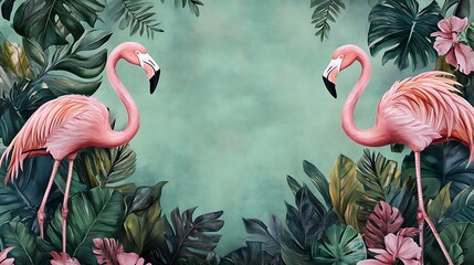 A vibrant illustration featuring two pink flamingos surrounded by lush tropical foliage.