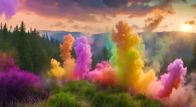 Collection of colorful smoke explosions in hills