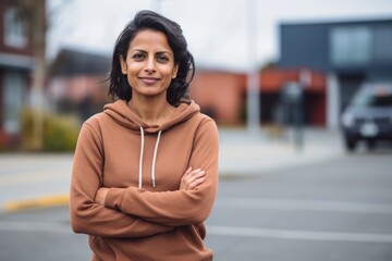 Obraz premium Portrait of a tender indian woman in her 40s dressed in a comfy fleece pullover isolated in modern university campus background