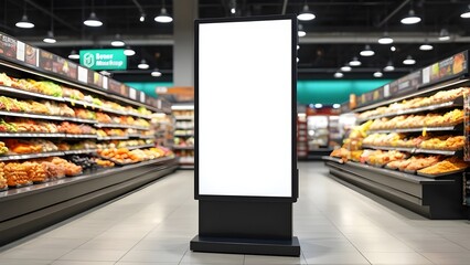 White screen on a supermarket with grocery items mockup screen for advertisements