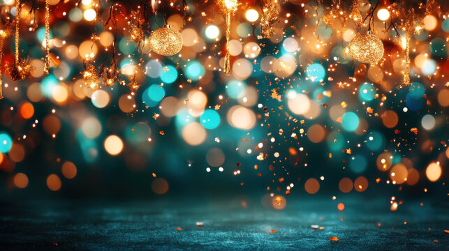 A bright graduation celebration with gold confetti raining down, colorful bokeh in the background, representing a joyous achievement