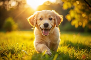 Adorable Golden Puppy Playing in the Grass with a Joyful Expression and Bright Eyes Under Sunlight