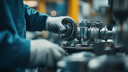 Fototapeta premium Worker Assembling Gearbox for Engine Component