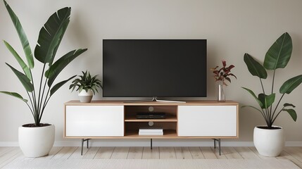 Modern TV Stand With Plants And Rug