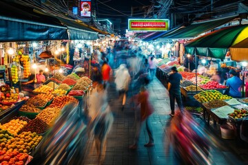 Crowd walking between stalls selling fresh fruit and vegetables at a night market in southeast asia