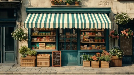 Charming Vintage Grocery Store Front with Striped Awning. AI generated illustration