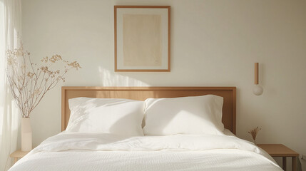 Bright minimalist bedroom with white bedding, a clean wooden frame, and simple wall decor