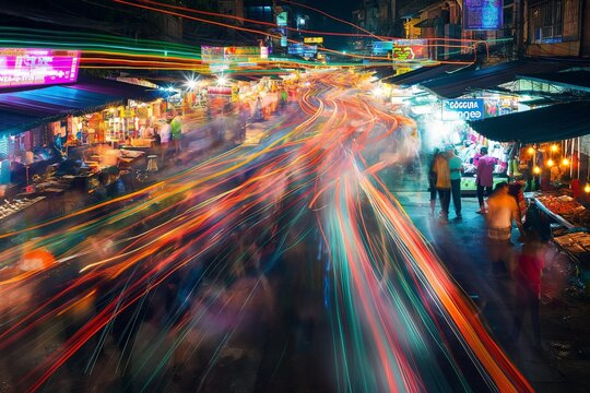 Crowds walking through busy night market with light trails long exposure