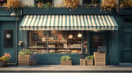 Charming Vintage Grocery Store Front with Striped Awning. AI generated illustration