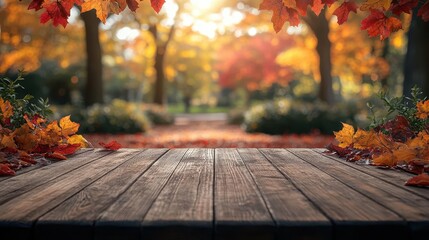 wooden table with a blurred autumn background rich in red and yellow leaves evoking feelings of warmth and nostalgia in an inviting seasonal setting
