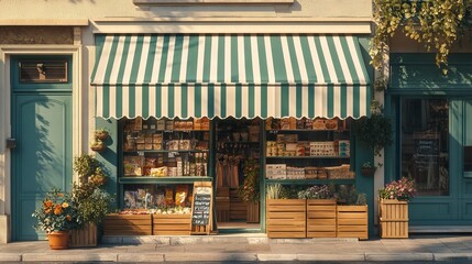 Charming Vintage Grocery Store Front with Striped Awning. AI generated illustration