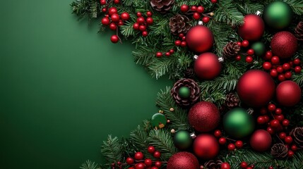 Festive Wreath with Poinsettias and Holly against a Dark Green Background