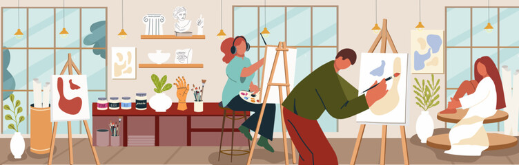 Interior of art studio. Classroom, creative class workshop, drawing school. Painting studio with paper, canvas on easels, tools, supplies, girl, boy, guy painting. Hand drawn flat vector illustration.
