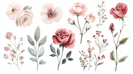 This is a set of beautiful watercolor flower illustrations, perfect for designing fabrics, wallpapers, greeting cards, or any other creative project.
