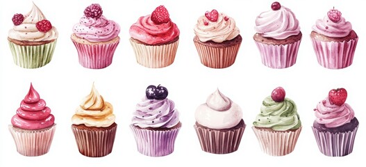 Cupcakes set. Cupcakes with pink and purple frosting, a watercolor illustration on a white background. Hand-drawn cupcakes in different shapes with flower decorations. 
