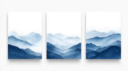 3 watercolor blue and white gradient abstract paintings on canvas