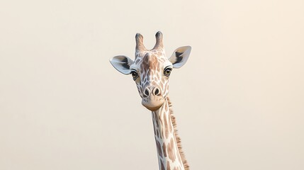 Naklejka premium A close-up of a giraffe's head with expressive eyes, showcasing its unique features against a soft, neutral background.