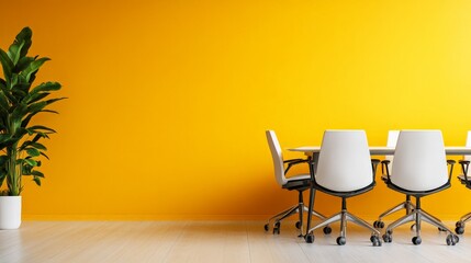 Modern conference room with white chairs, wooden table, and a vibrant yellow wall, featuring a potted green plant for a fresh, contemporary look.
