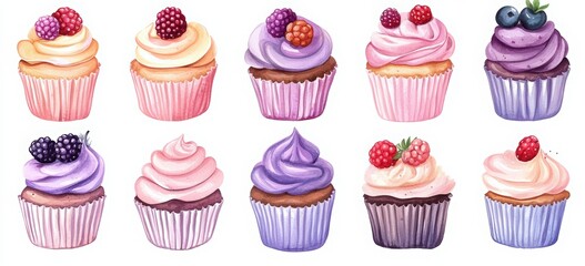 Cupcakes set. Cupcakes with pink and purple frosting, a watercolor illustration on a white background. Hand-drawn cupcakes in different shapes with flower decorations. 